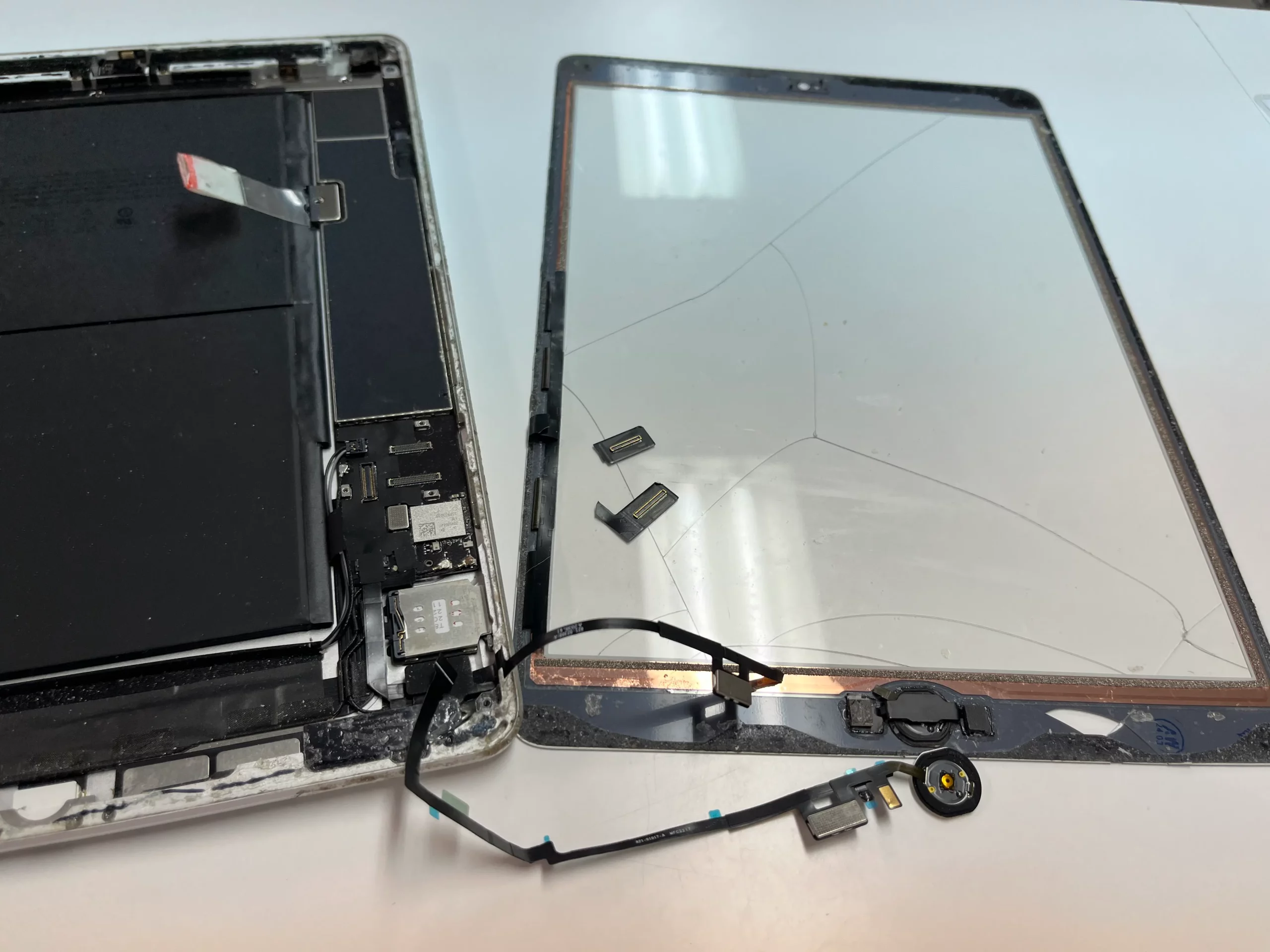 iPadのホームボタンが反応しないトラブルで分解修理中の様子。パネルと基板が露出している状態。