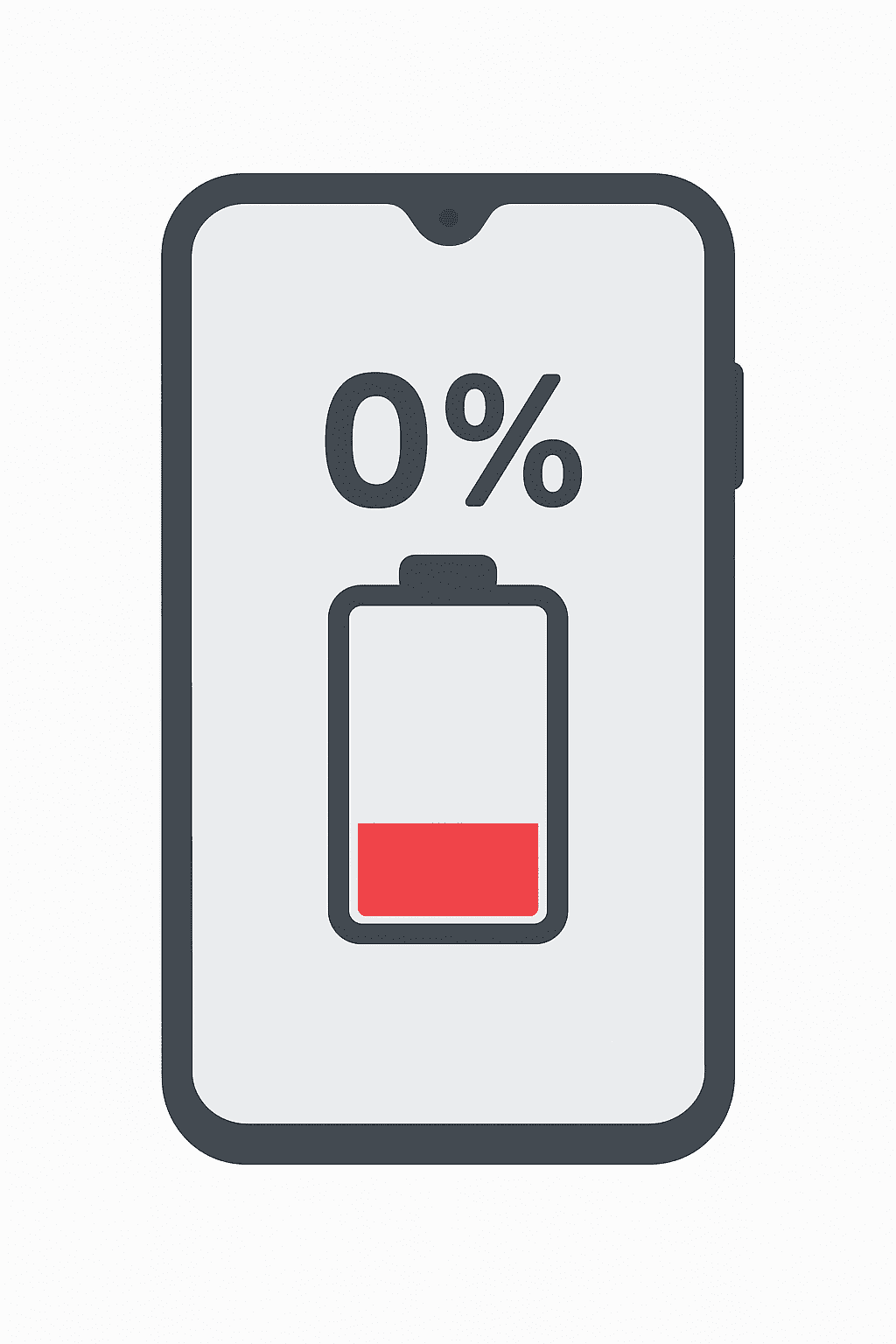 「バッテリーが完全に切れたスマートフォン。充電残量0％で電源が落ちた状態」