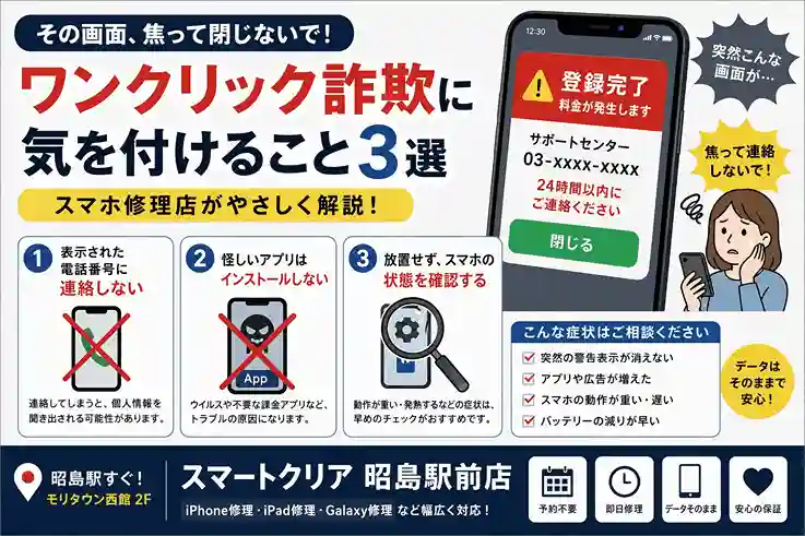 「その“登録完了”押してない？」昭島駅で増えているワンクリック詐欺相談3選｜スマホ修理店が解説