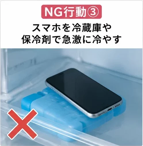 NG行動③ スマホを冷蔵庫や保冷剤を旧下kに冷やす スマートクリア札幌駅アピア店