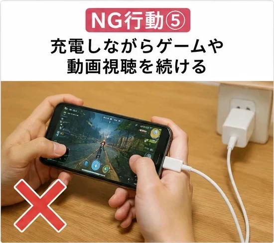 NG行動⑤ 充電をしながらゲームや動画視聴を続ける スマートクリア札幌駅アピア店