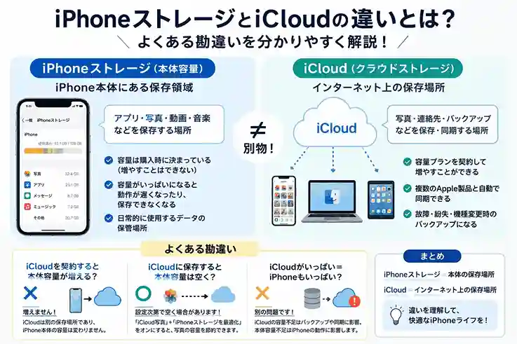 iPhoneストレージとiCloudの違い、そして多くの方が勘違いしやすいポイントについて分かりやすく解説